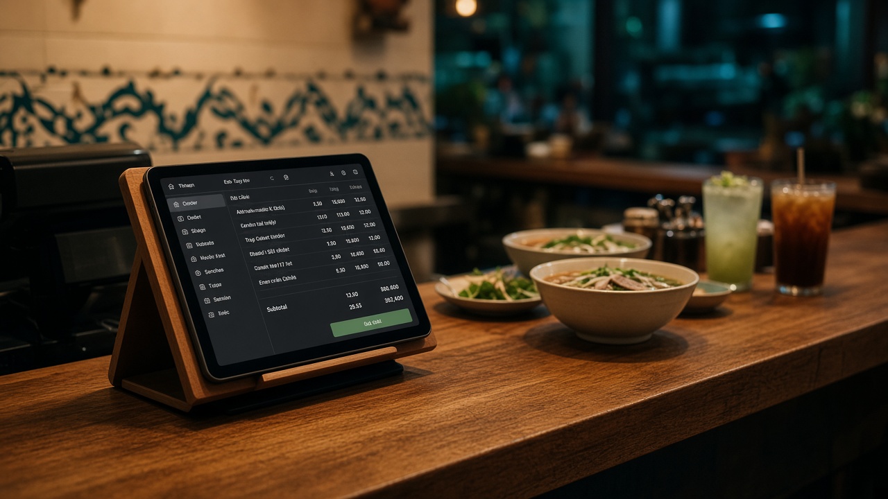 Thu ngân dùng iPad tại quầy quán ăn