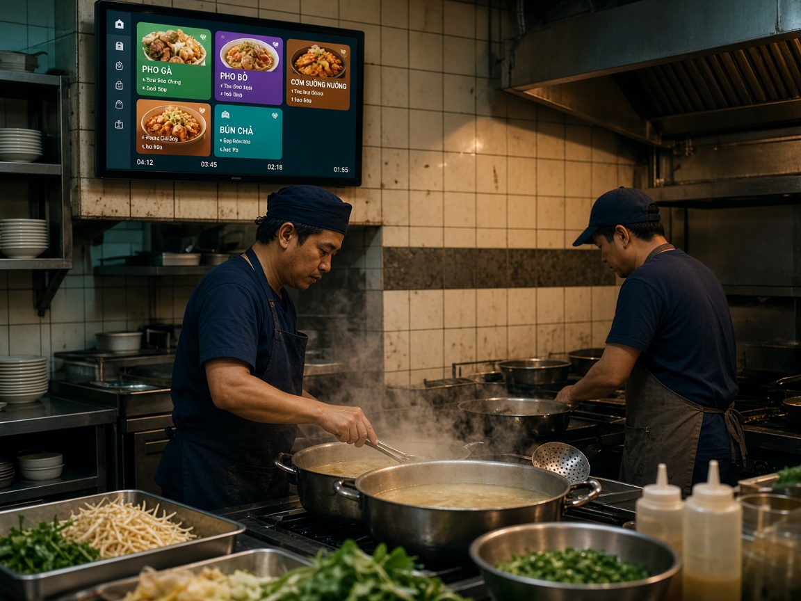 Bếp xem phiếu món trên máy tính bảng
